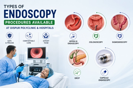Discover the different types of endoscopy procedures available at the best endoscopy hospital in Guwahati – Dispur Polyclinic & Hospitals. Our gastroenterologists are experts in performing gastroscopy, colonoscopy, ERCP, and other advanced endoscopic procedures.